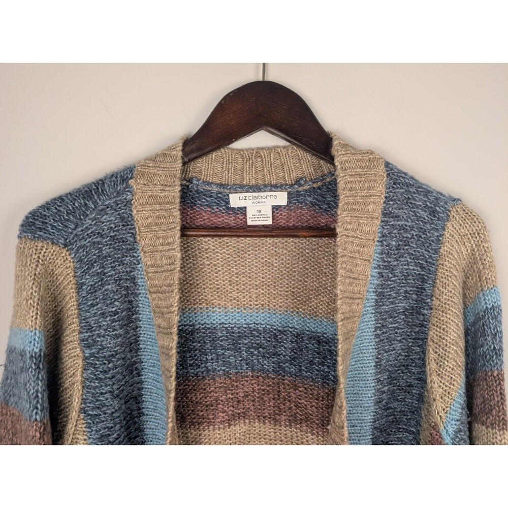 LIZ CLAIBORNE Acrylic Open Front Cardigan Sweater Size 1X Multicolor Stripes - Picture 3 of 10